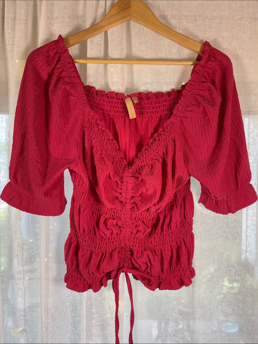 Pilcro Rose Red Ruched Peasant Blouse